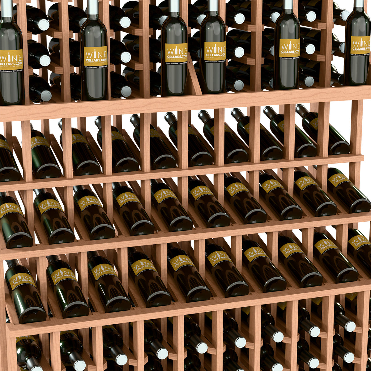 Triple-tier wine bottle display rack with natural wood lattice shelves holding green bottles
