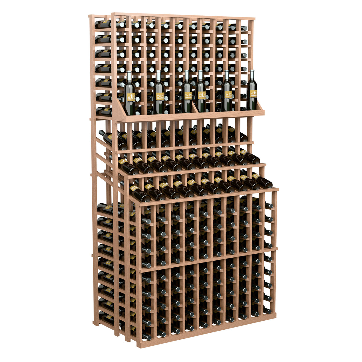 Triple-tier wine bottle display rack with light wood frame and multiple bottle-filled tiers