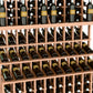 Triple-tier wine bottle display rack close-up with light wood frame and wine bottle holders