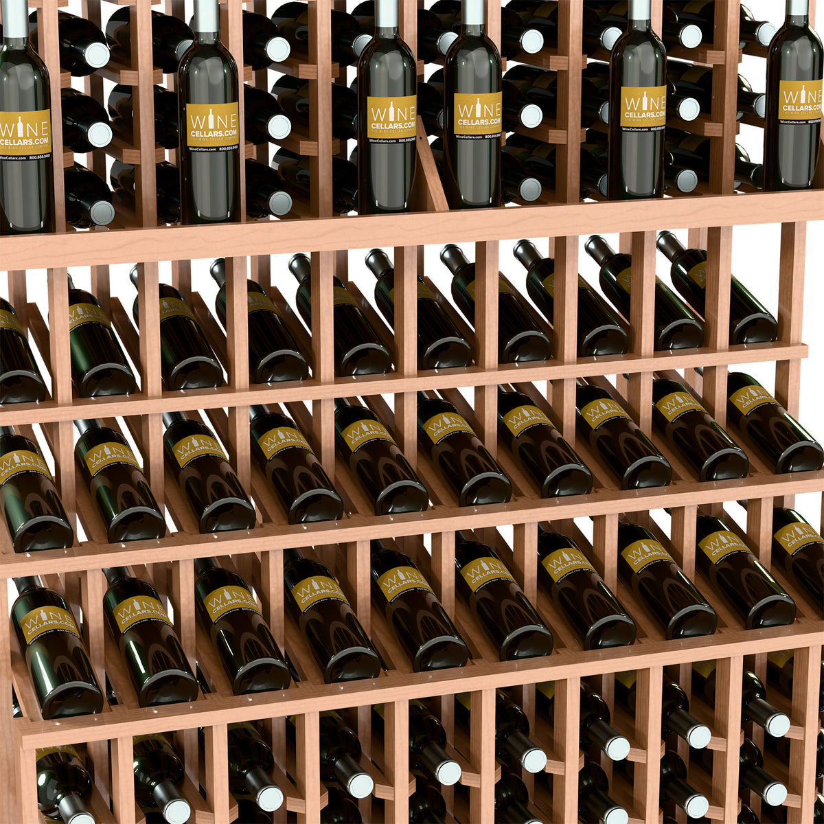 Triple-tier wine bottle display rack close-up with light wood frame and wine bottle holders