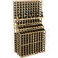 Triple-tier wine bottle rack with front bottle rows and light wood lattice supports