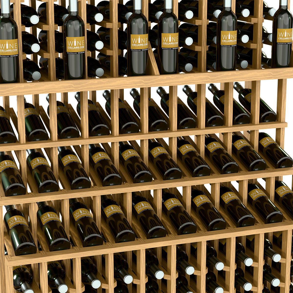Light wood triple-tier wine bottle display rack with double-deep base, holding dark bottles