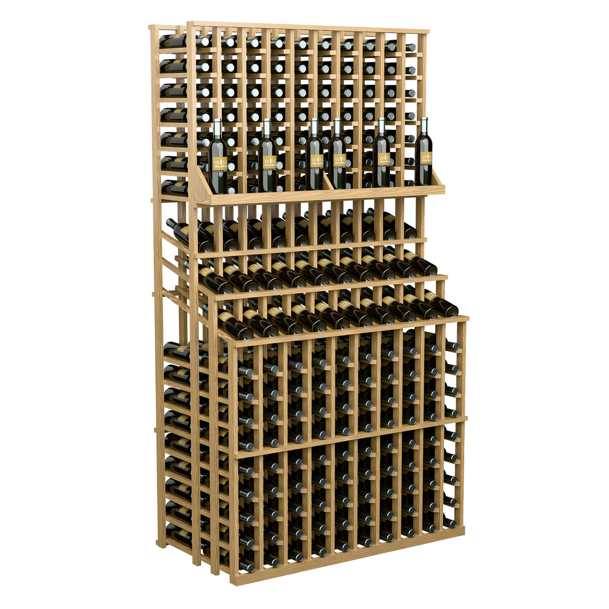 Triple-tier wine bottle display rack with double deep base, natural wood finish
