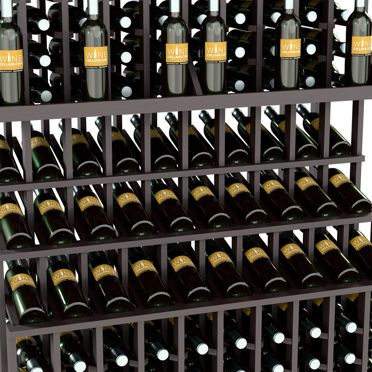 Close-up of dark wine bottles in a slotted rack with horizontal wooden dividers