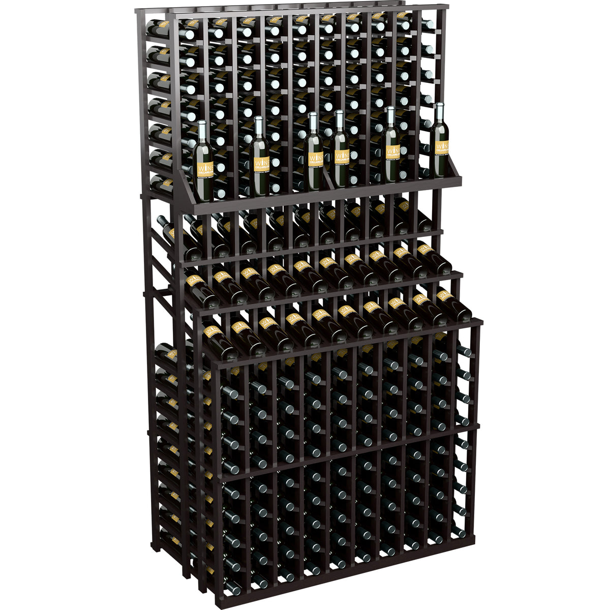 Triple-tier wine bottle display rack with double deep base, dark wood finish