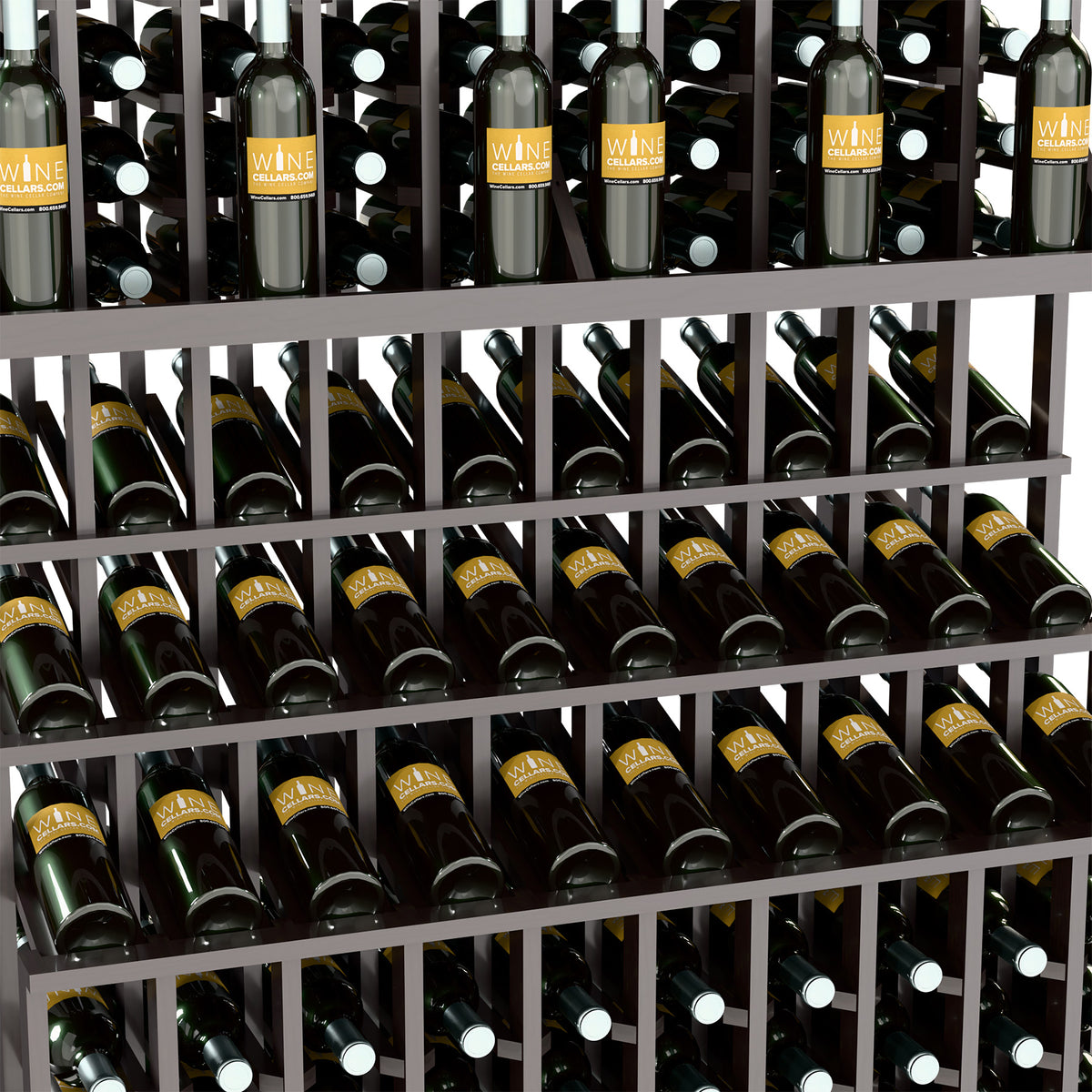 Close-up of triple-tier wine rack with dark bottles in wooden holders