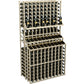 Triple-tier wine bottle display rack in light wood, double deep base with bottle row shelves