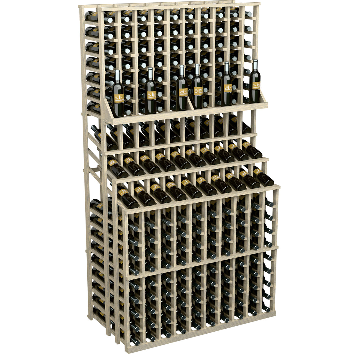 Triple-tier wine bottle display rack in light wood, double deep base with bottle row shelves