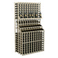 Triple-tier wine bottle display with two deep bases, pale light-wood rack