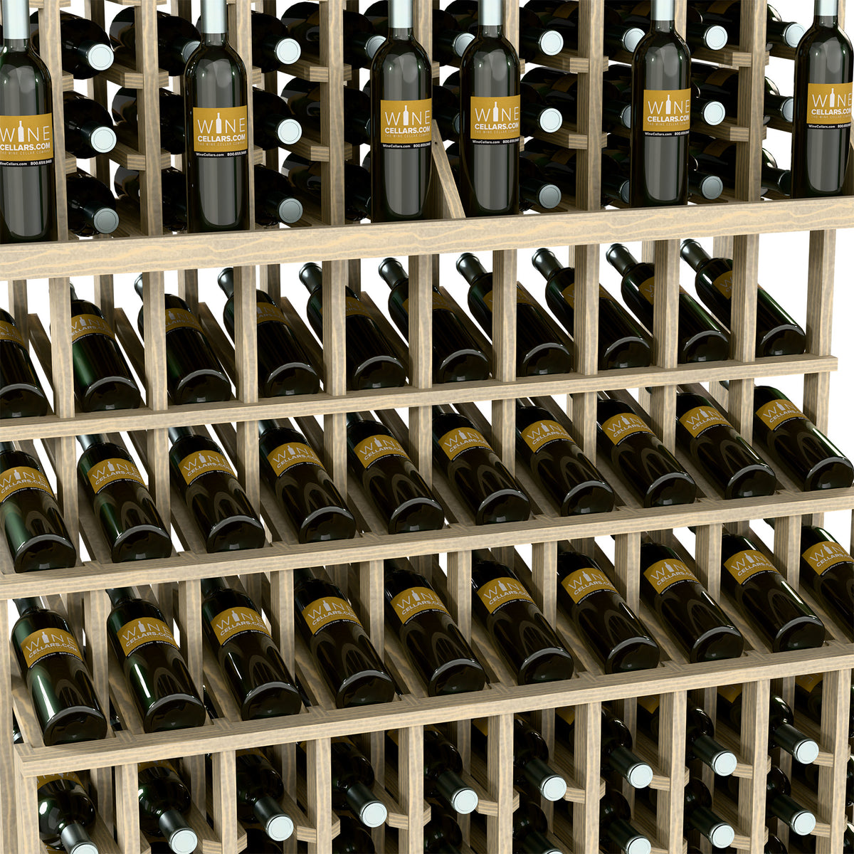 Triple-tier wine bottle display rack with double-deep base; light wood frame with wine bottles