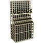 Triple-tier wine bottle display rack with double deep base, light natural wood