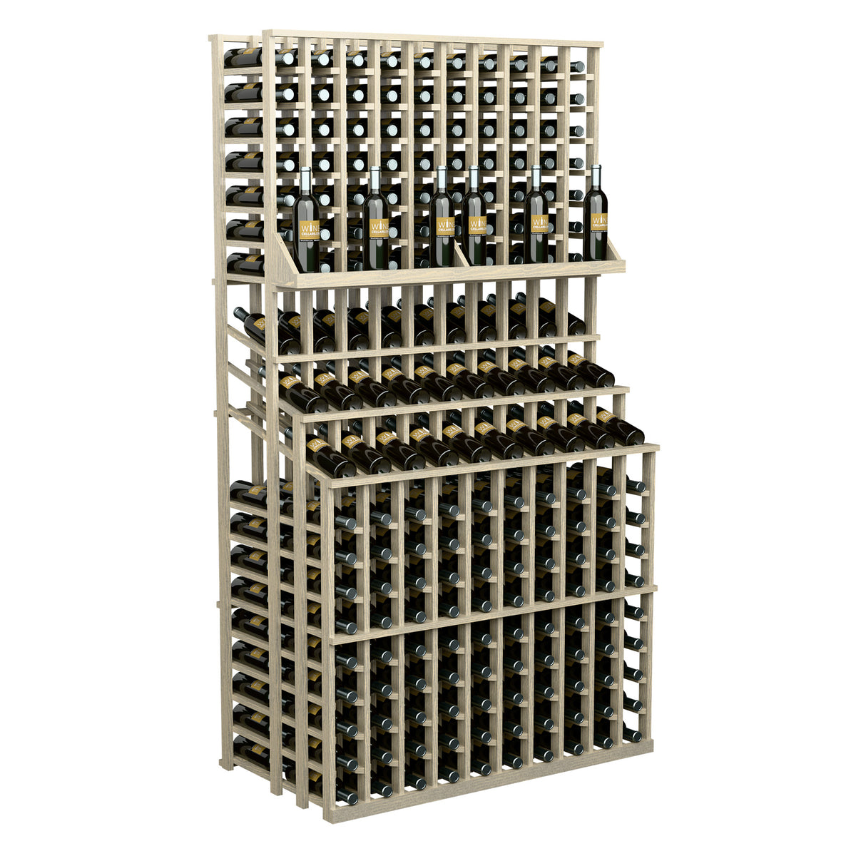 Freestanding triple-tier wine bottle display with double deep base, natural wood