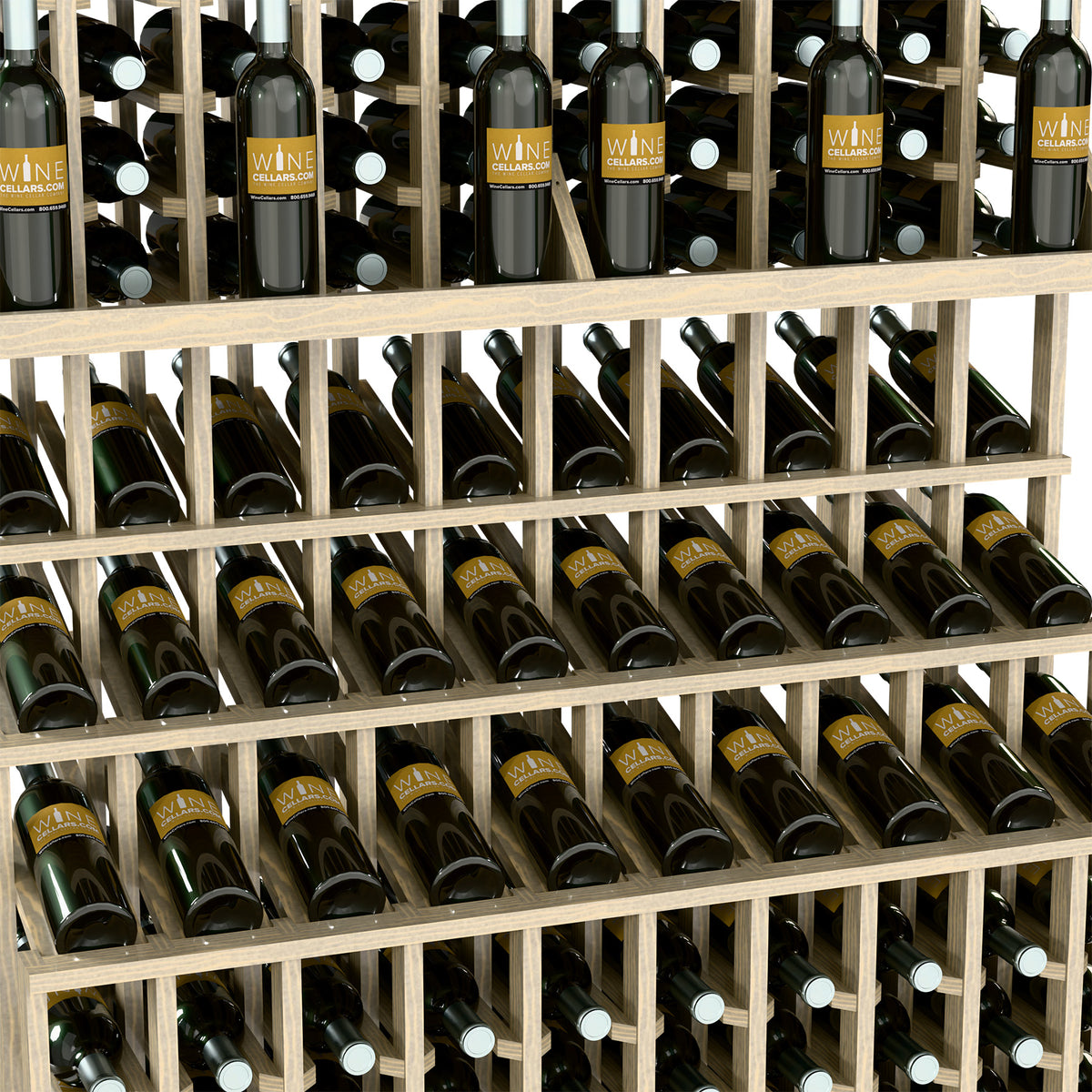 Close-up view of stacked wine bottles in triple-tier wooden grid rack