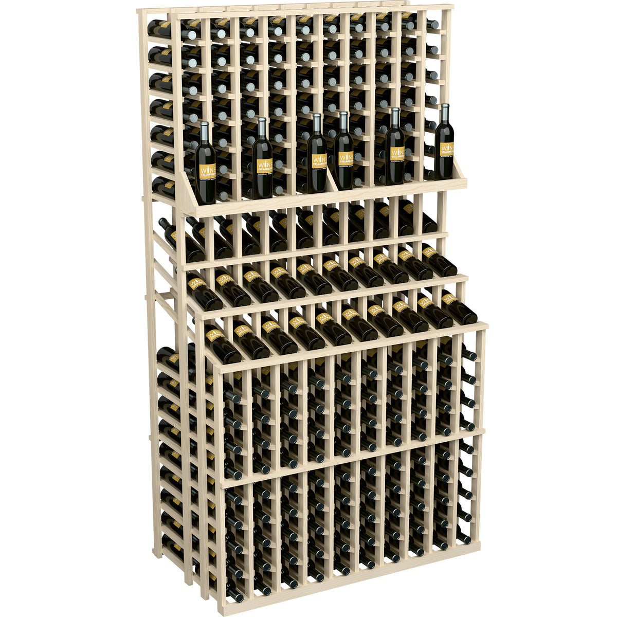 Triple-tier wine bottle display rack with open grid sides and light wood finish, bottles