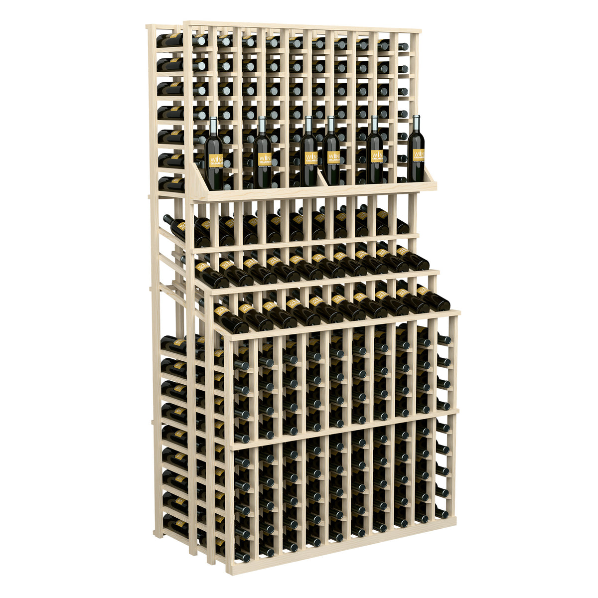 Triple-tier wine bottle display with open crisscross shelves, light off-white painted frame