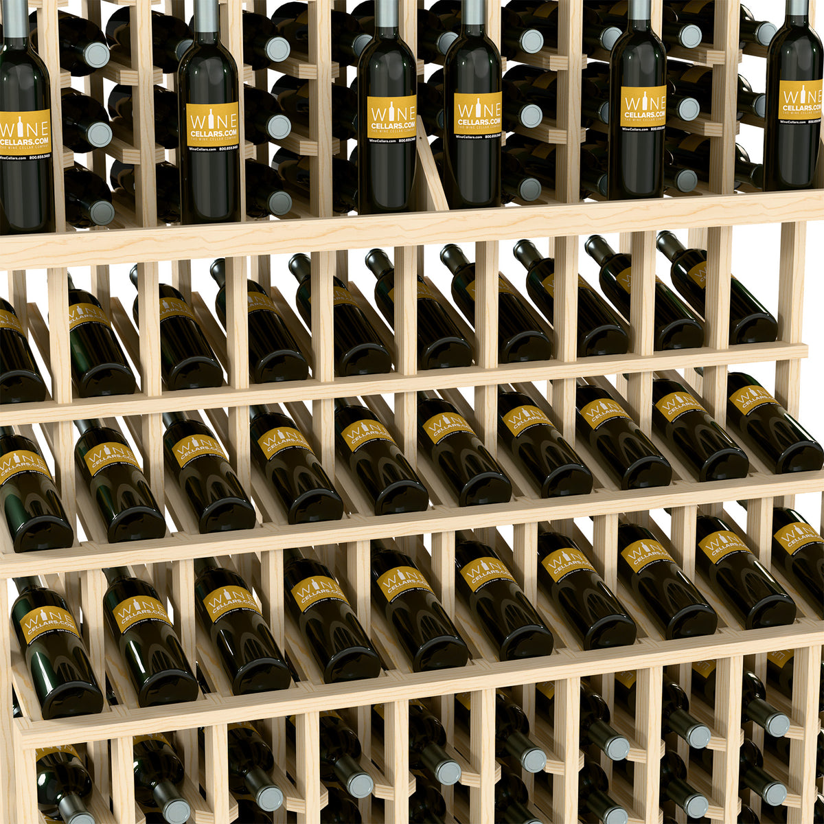 Triple-tier wine bottle display with light wood slats and rows of dark wine bottles