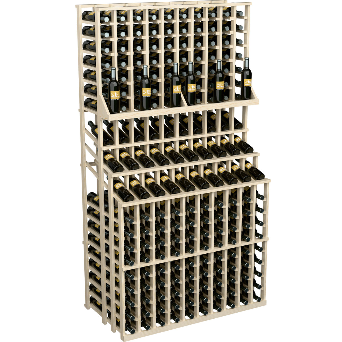 Triple-tier wine bottle display rack with double deep base, light wood finish