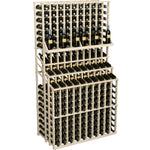 Triple-tier wine bottle display rack with double deep base, light wood finish