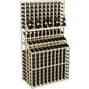 Triple-tier wine bottle display rack with double deep base, light wood finish