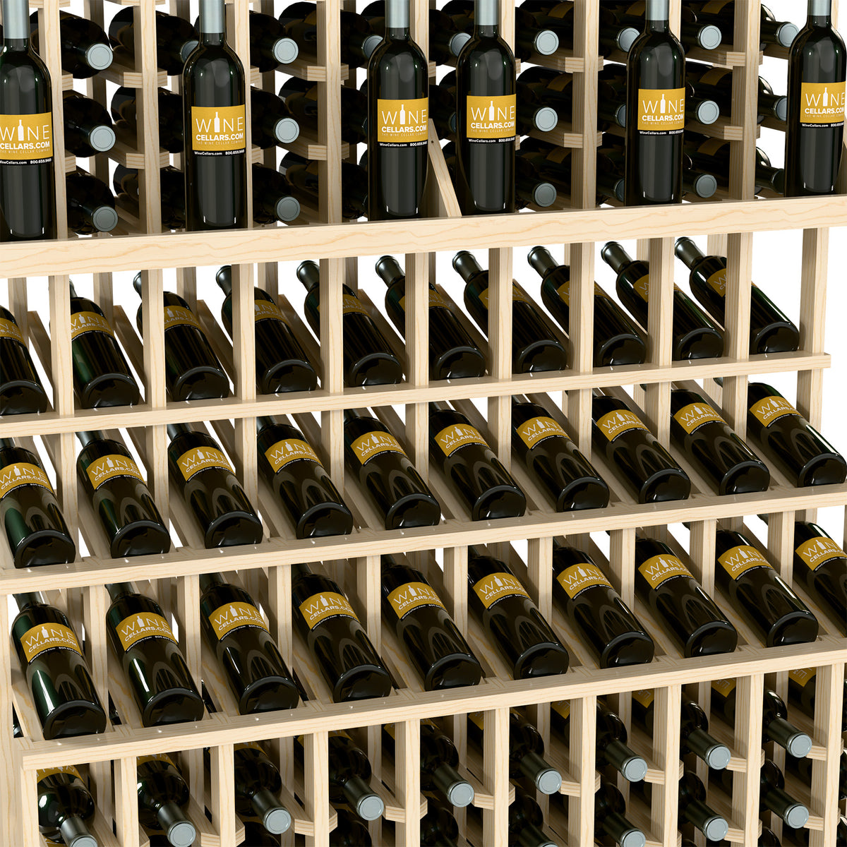 Triple-tier wine bottle display rack in light wood with three rows of bottle slots.