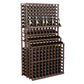 Triple-tier wine bottle display with two deep bases, dark-stained wood rack