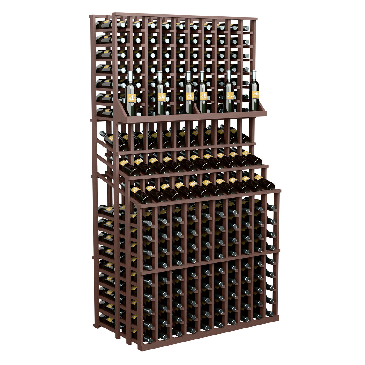 Triple-tier wine bottle display with two deep bases, dark-stained wood rack
