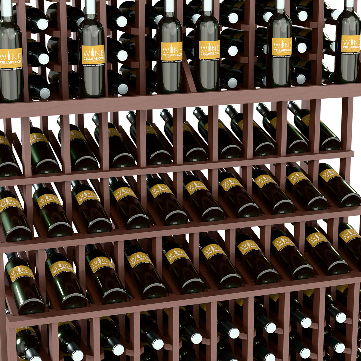 Triple-tier wine bottle display with walnut-brown lattice shelves holding green bottles
