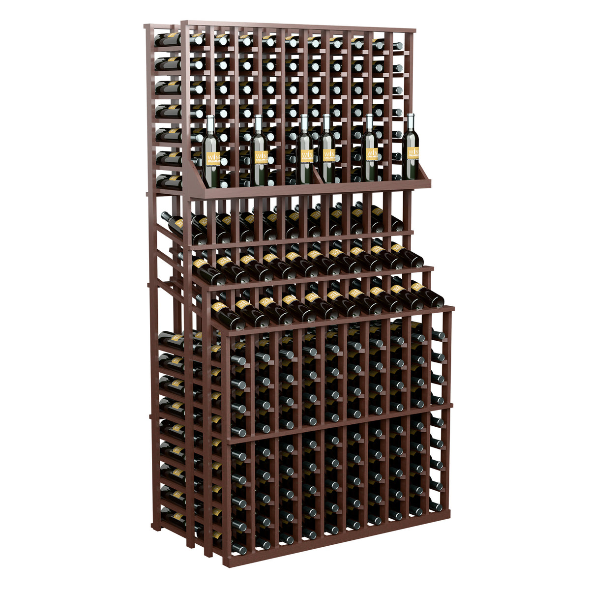 Triple-tier wine bottle rack in dark walnut tone with three tiers of bottle holders.