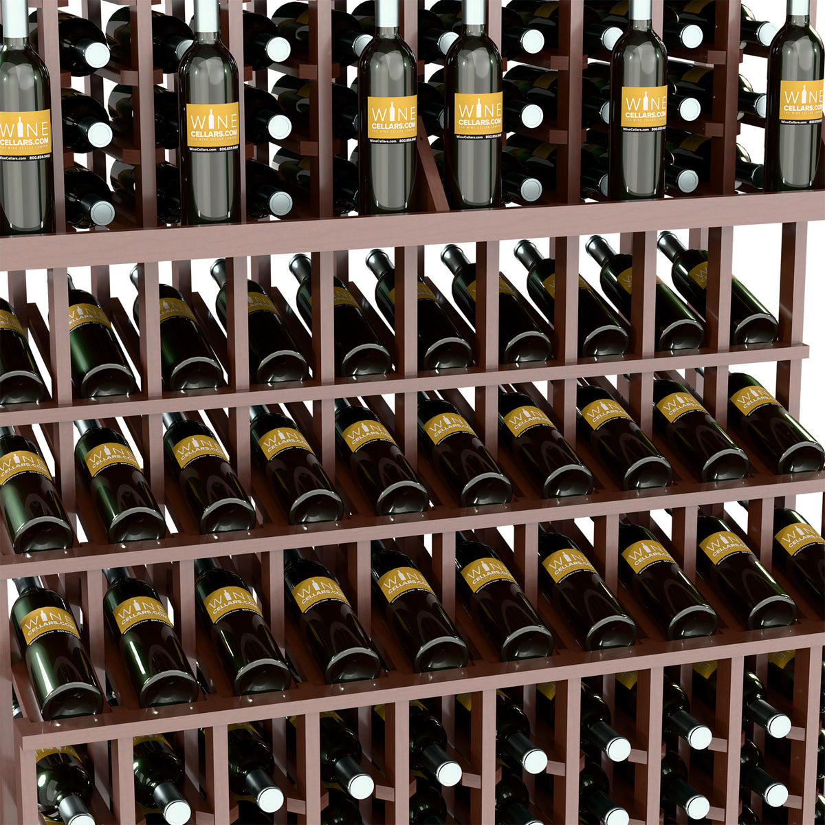 Triple-tier wine bottle display rack in walnut-stained wood with three rows of bottles.