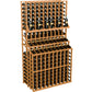 Wine bottle display rack with three tiers and light wood frame holding bottles upright