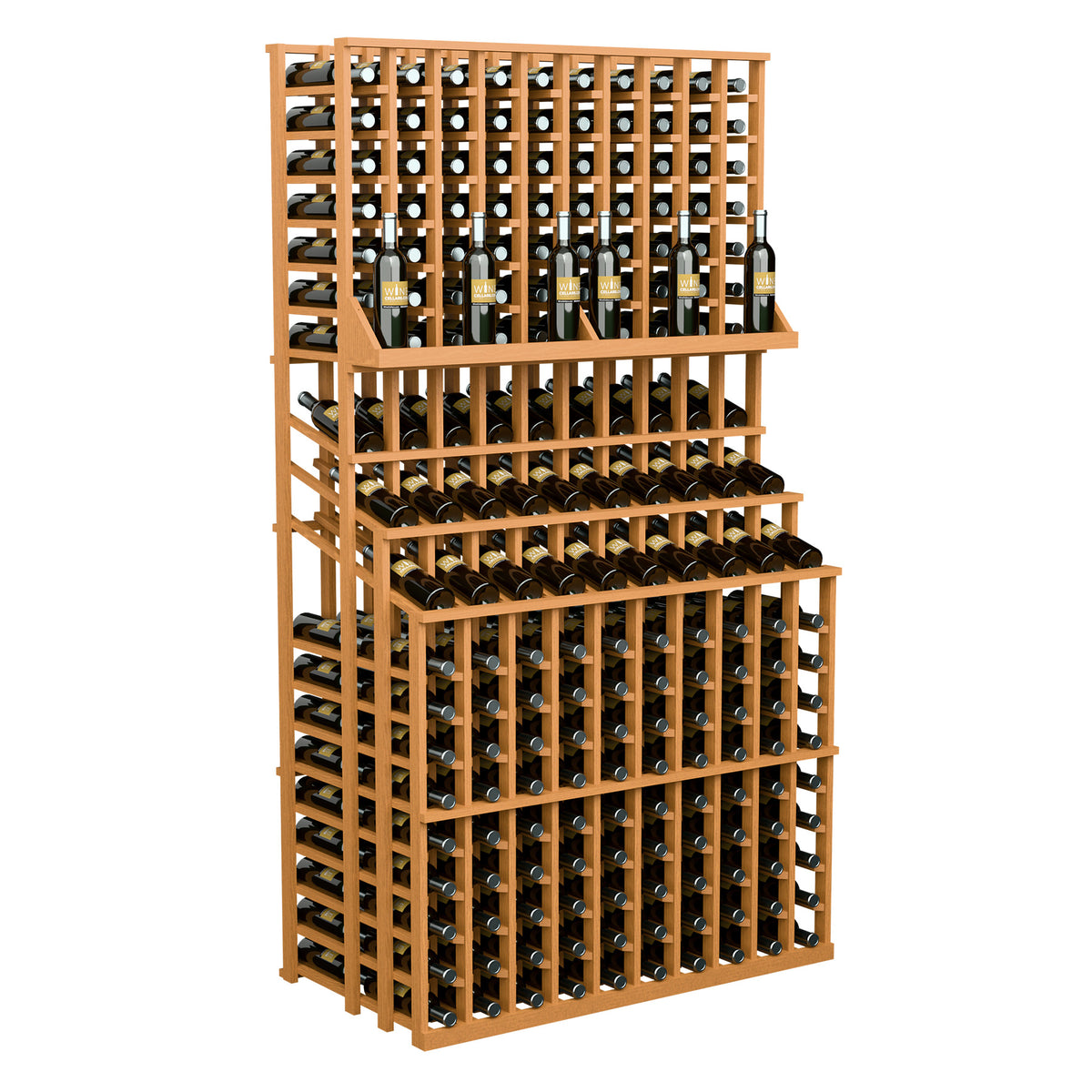 Natural wood triple-tier wine display rack with double-deep base and bottle grid holders