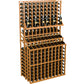 Triple-tier wine bottle rack in natural wood with front lattice and three bottle tiers.