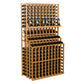 Triple-tier wine bottle rack in light wood with front lattice and three rows of bottles.