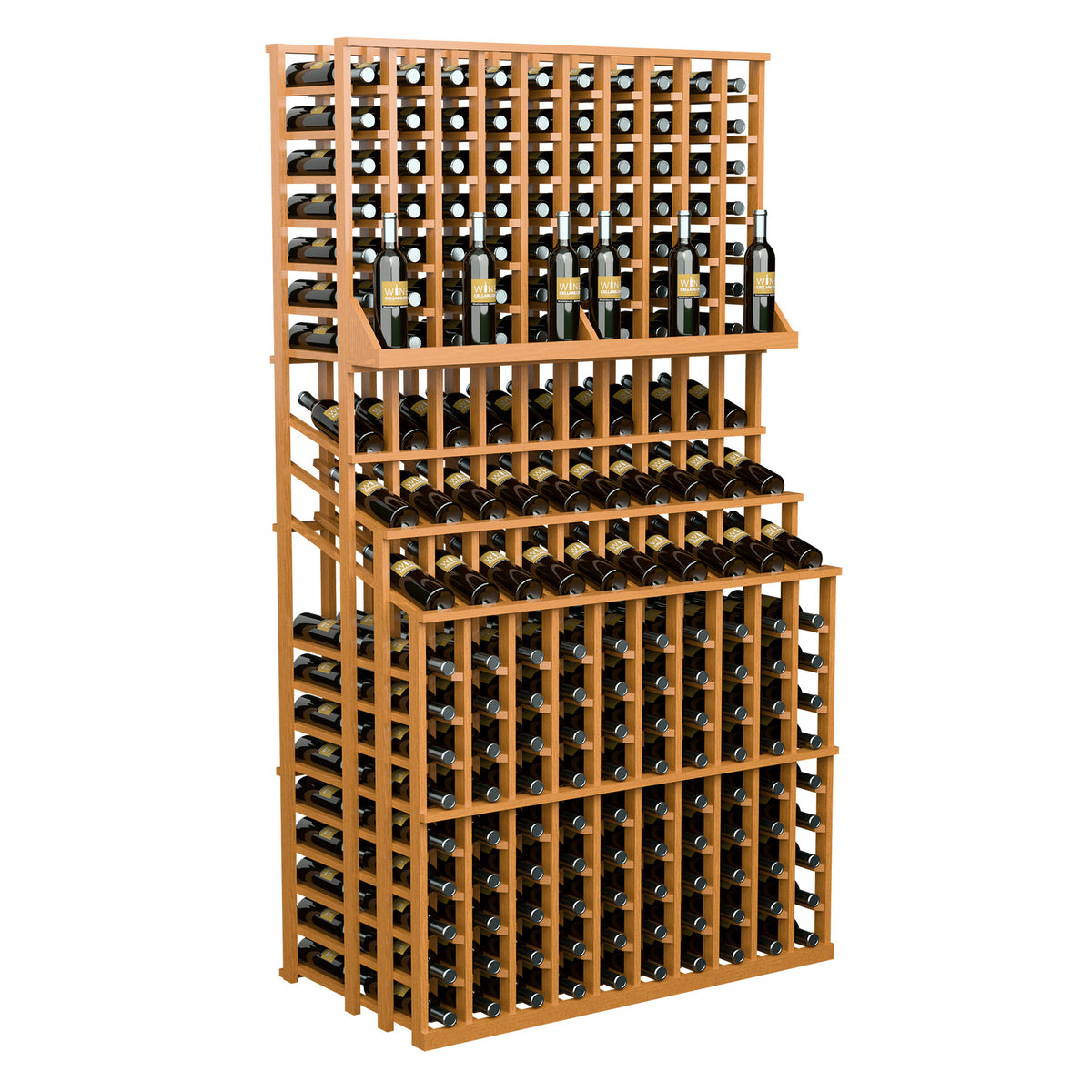 Triple-tier wine bottle rack in light wood with front lattice and three rows of bottles.