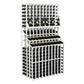 Front-facing white triple-tier wine display rack with double-deep base and bottle grid