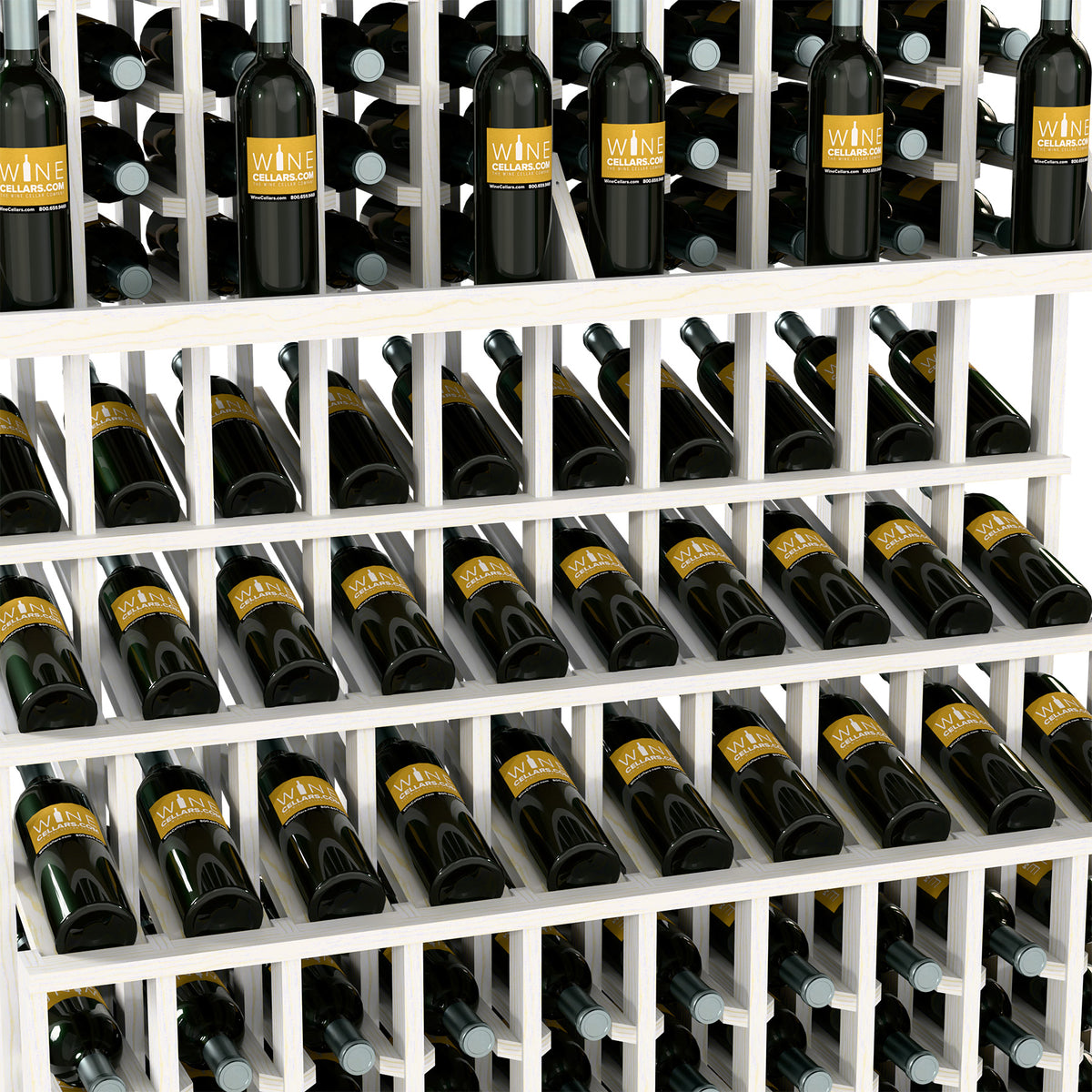 Triple-tier wine bottle display rack with double-deep base; whitewashed wood frame and bottle slots