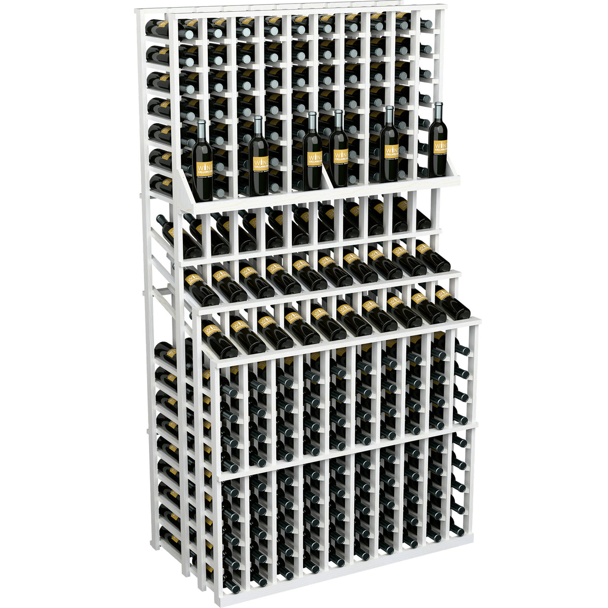 Triple-tier wine bottle rack in white with front lattice and three tiers of bottles.