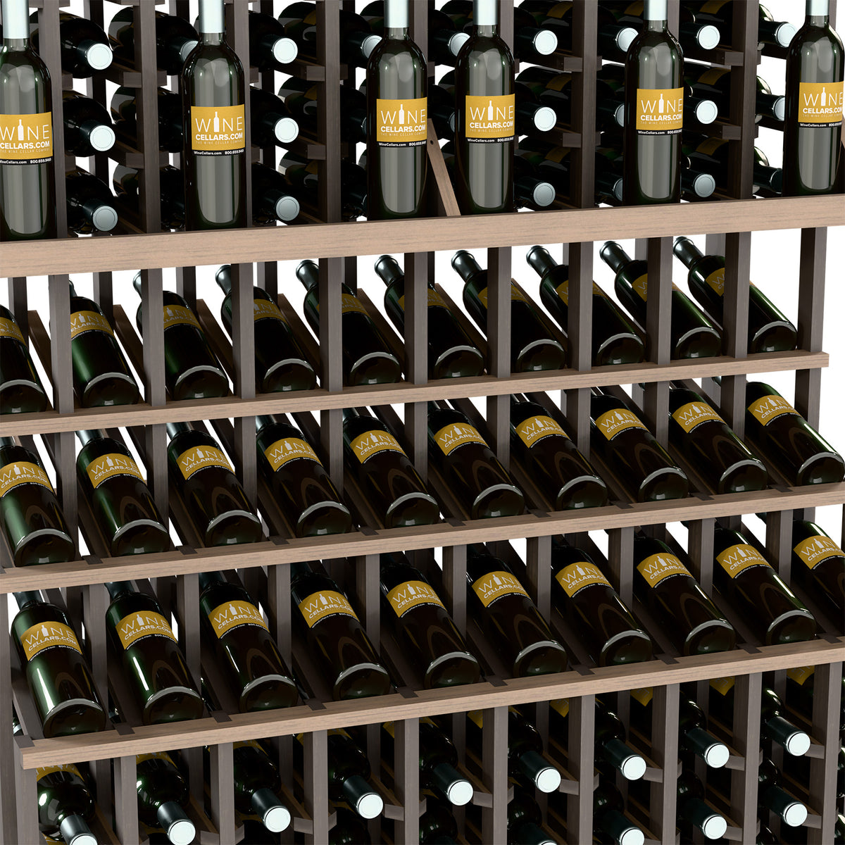 Triple-tier wine bottle display rack with walnut-brown lattice shelves and dark bottles
