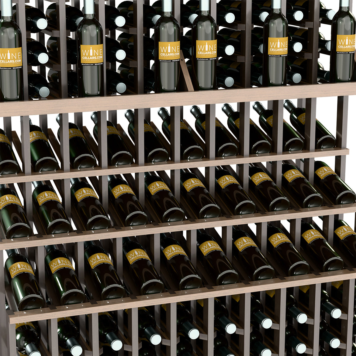 Close-up of triple-tier wine bottle rack with bottles stored in horizontal wooden shelves