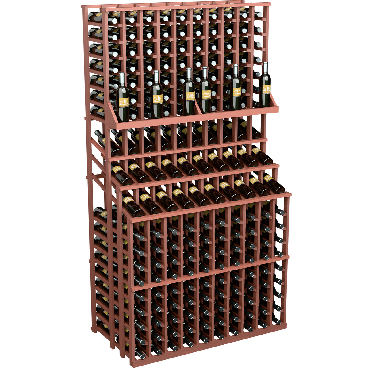 Brown triple-tier wine display rack with double-deep base and bottle grid holders