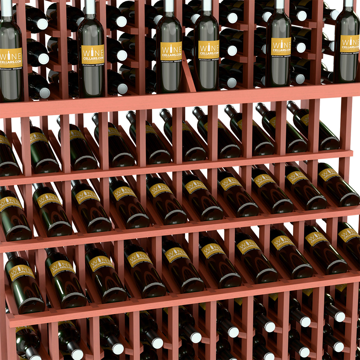 Triple-tier wine bottle display rack with double-deep base; reddish-brown wood frame, bottle rows