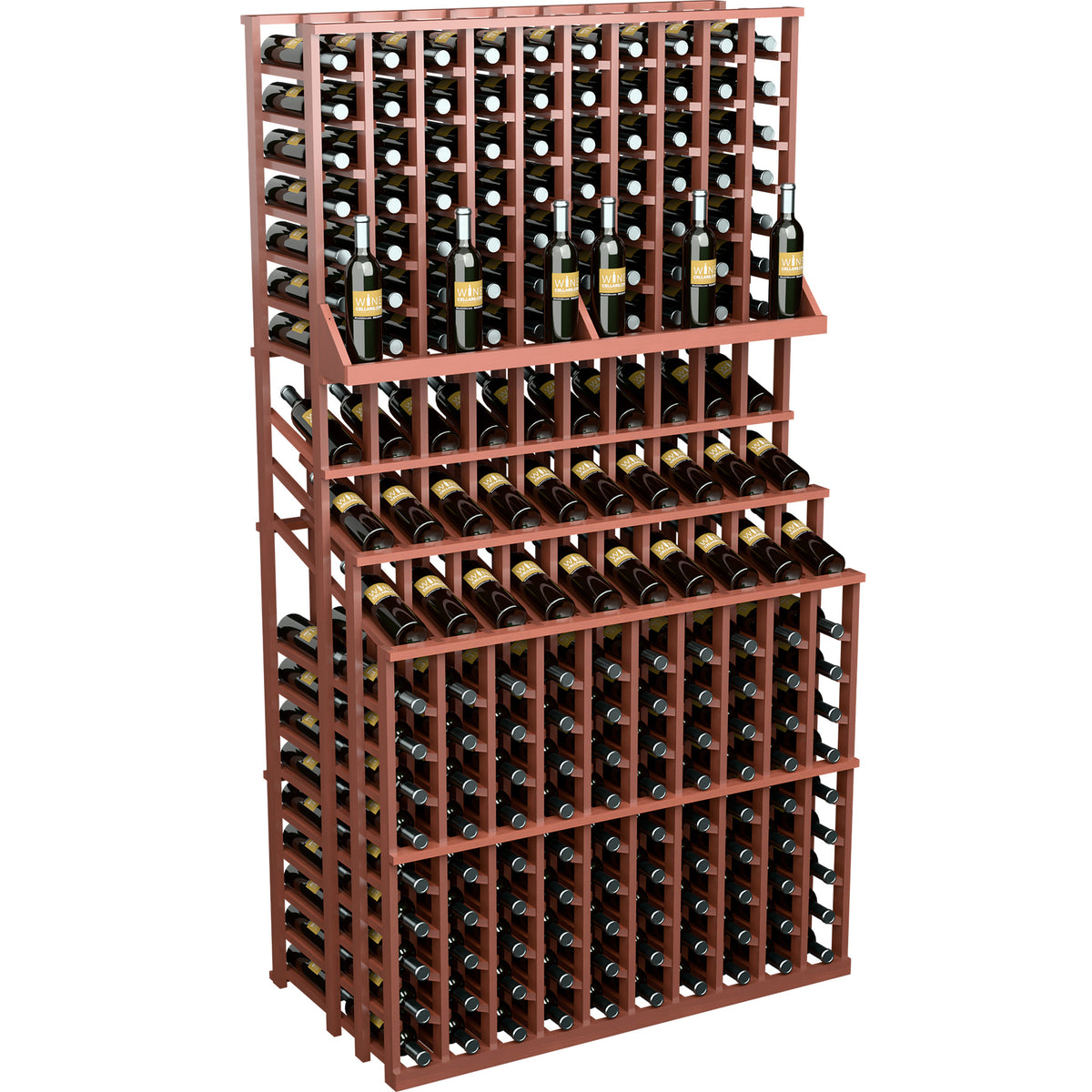 Triple-tier wine bottle display rack with reddish-brown frame and bottles in three tiers