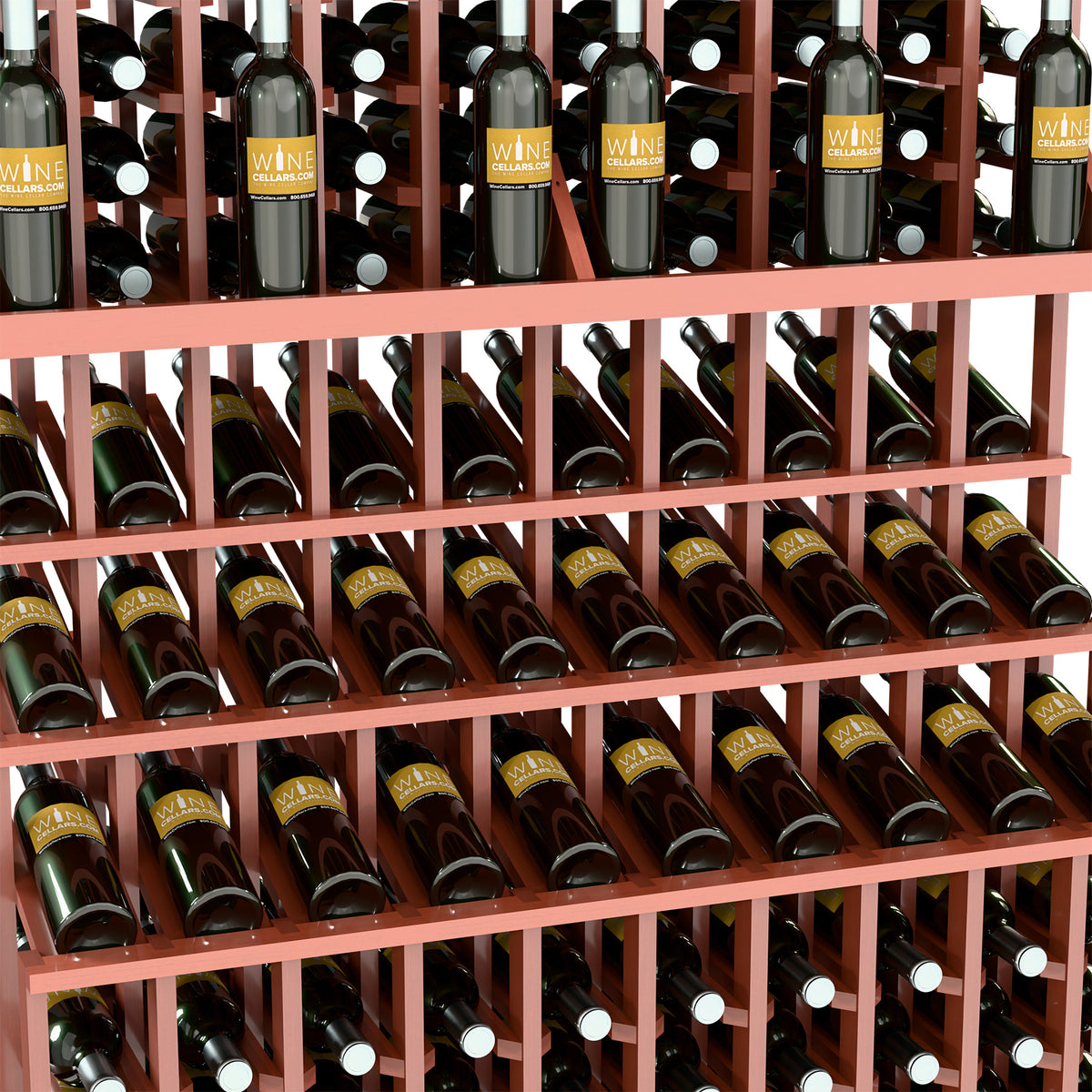Close-up view of wine bottle display rack with three wooden shelves holding bottles