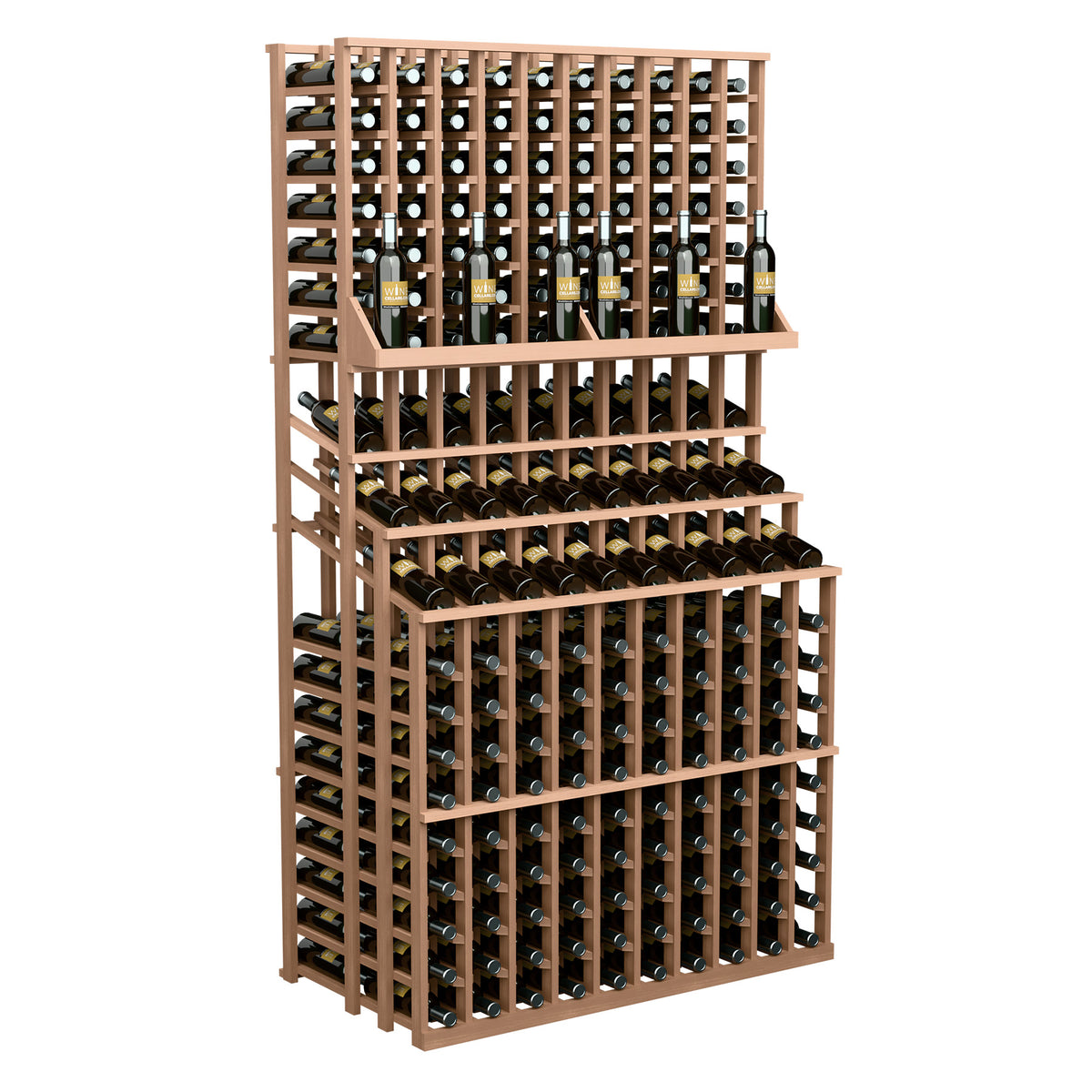 Triple-tier wine bottle display rack with double deep base, light wood frame with bottle storage.