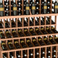 Triple-tier wine bottle display rack with double-deep base; pale wood frame with bottle rows