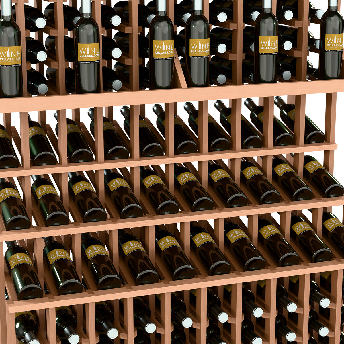 Triple-tier wine bottle display rack with double-deep base; pale wood frame with bottle rows