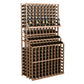 Triple-tier wine bottle display rack with medium wood frame and bottles in stacked tiers