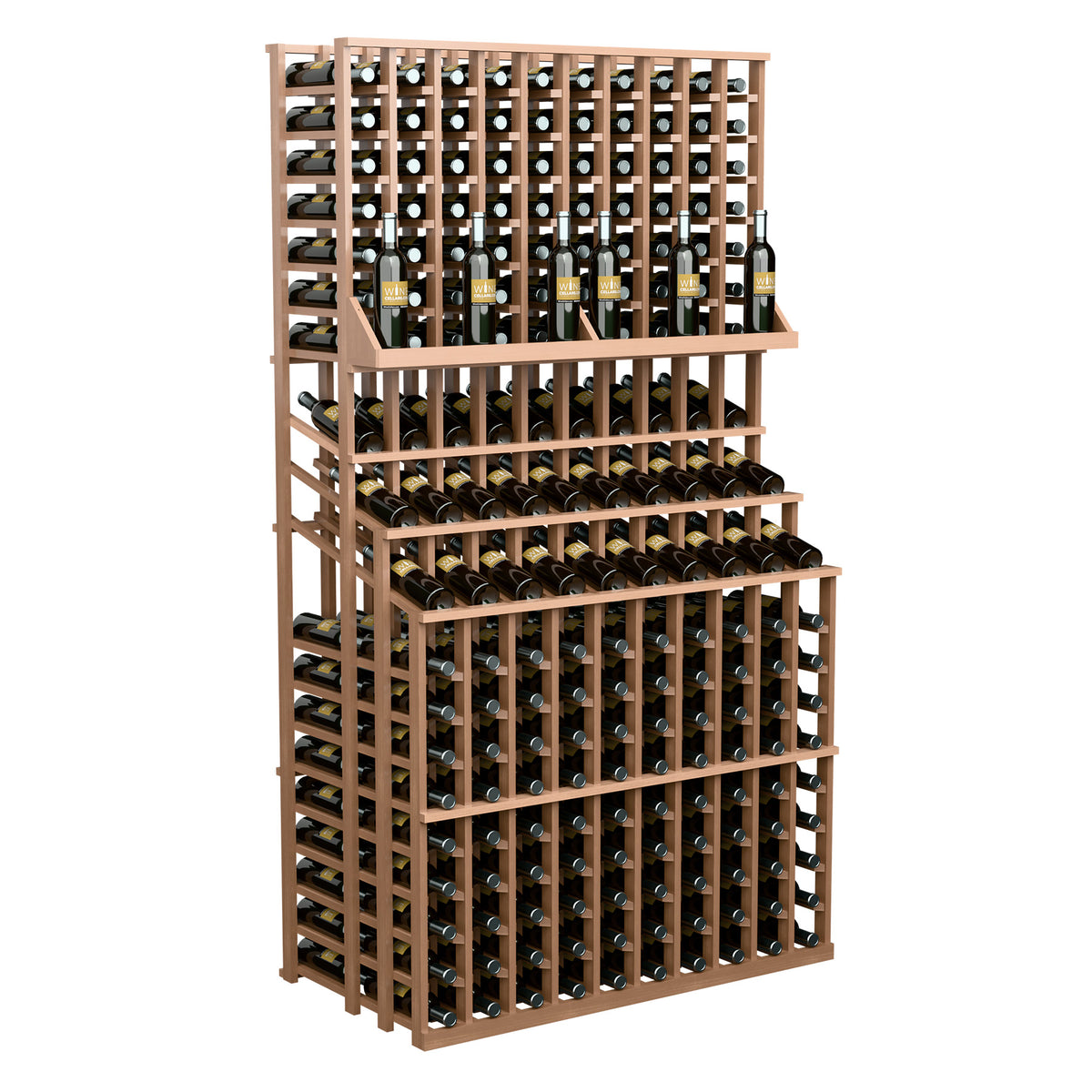 Triple-tier wine bottle display rack with medium wood frame and bottles in stacked tiers