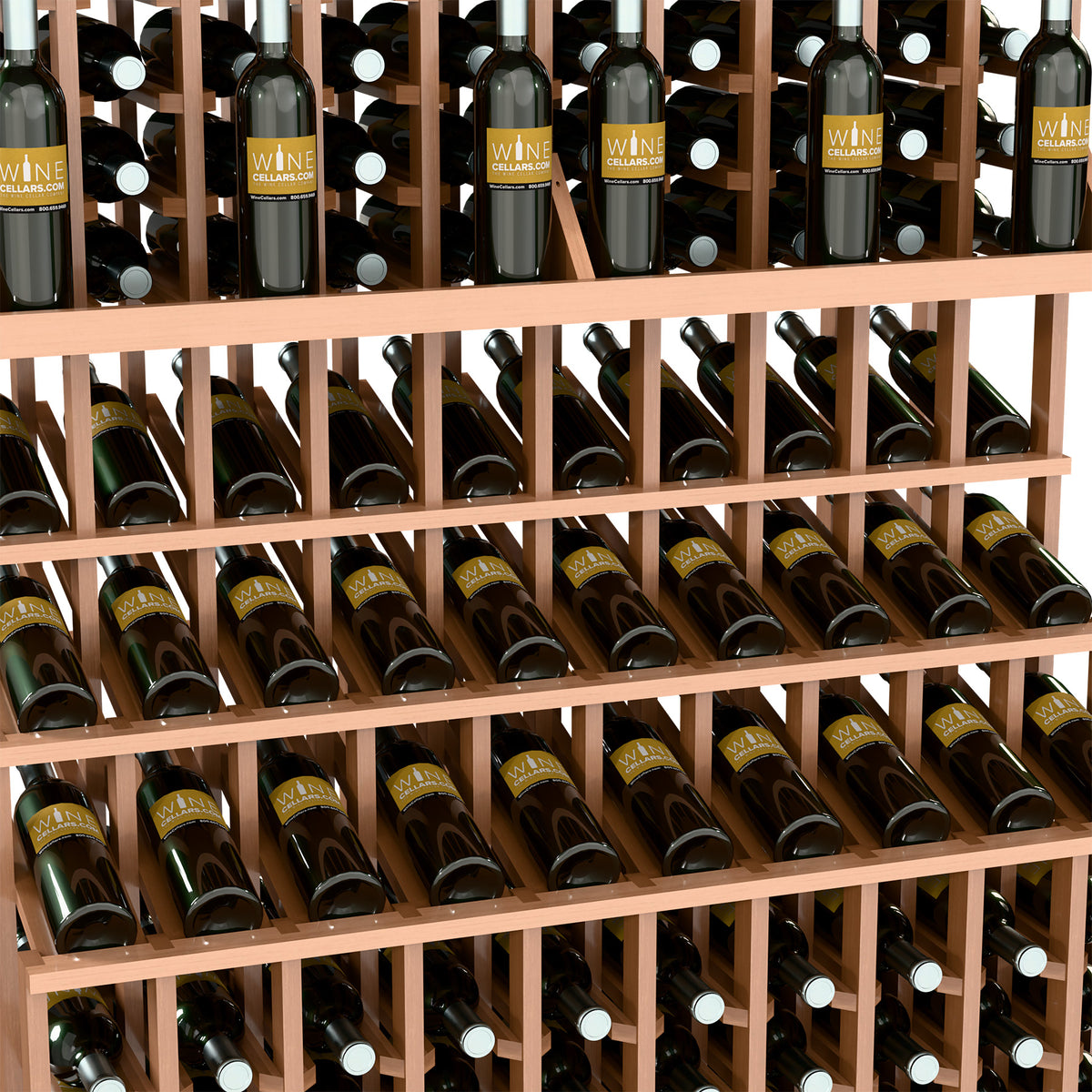 Close-up of wine bottle display shelves with bottles seated in staggered rows