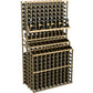 Triple-tier wine bottle display with light wood frame and packed bottle slots